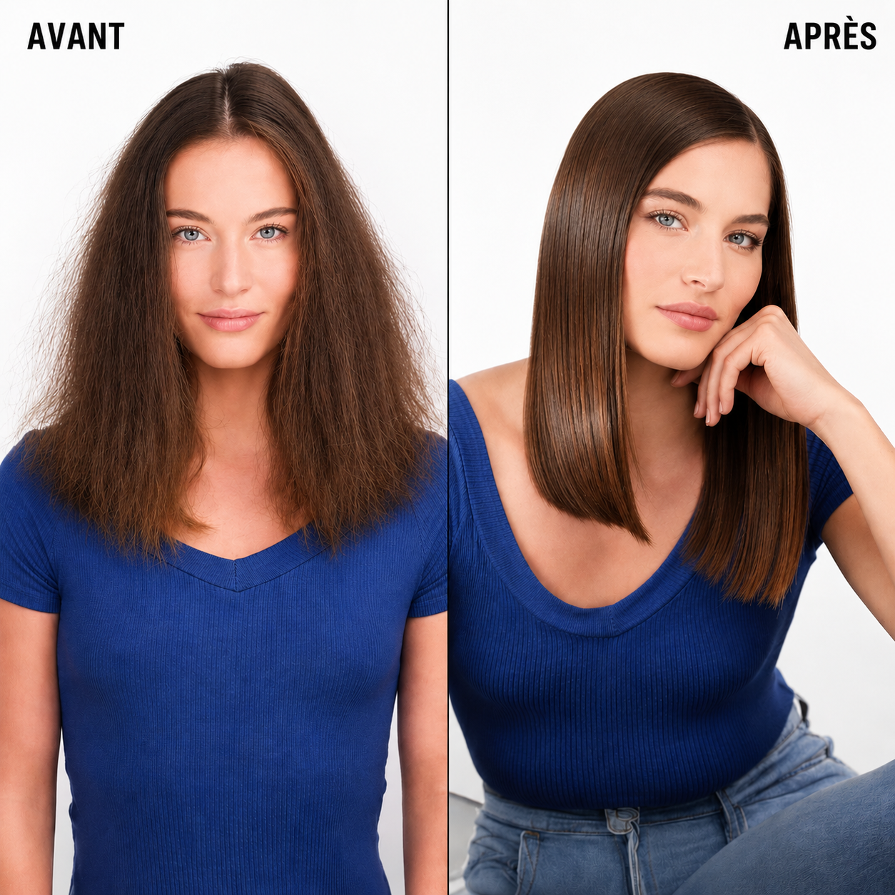Avant et apr&egrave;s : des cheveux cr&eacute;pus transform&eacute;s en une chevelure lisse et soyeuse.